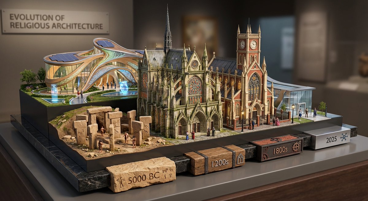 Infographic / Edu Visual - Layered Diorama of Religious Architecture Evolution — output 1