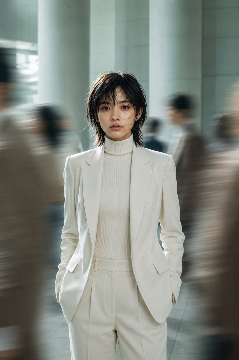 Social Media Post - Still Woman in Motion-Blurred Lobby — output 1