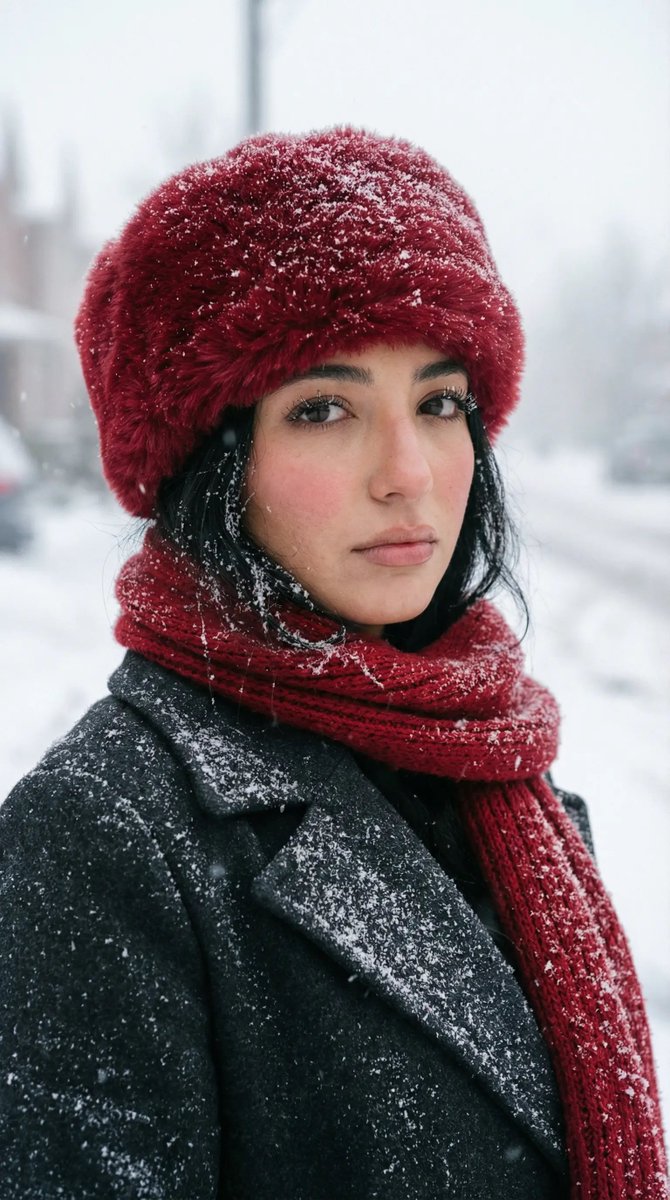 Product Marketing - Photorealistic Winter Street Portrait with Red Accents — output 1