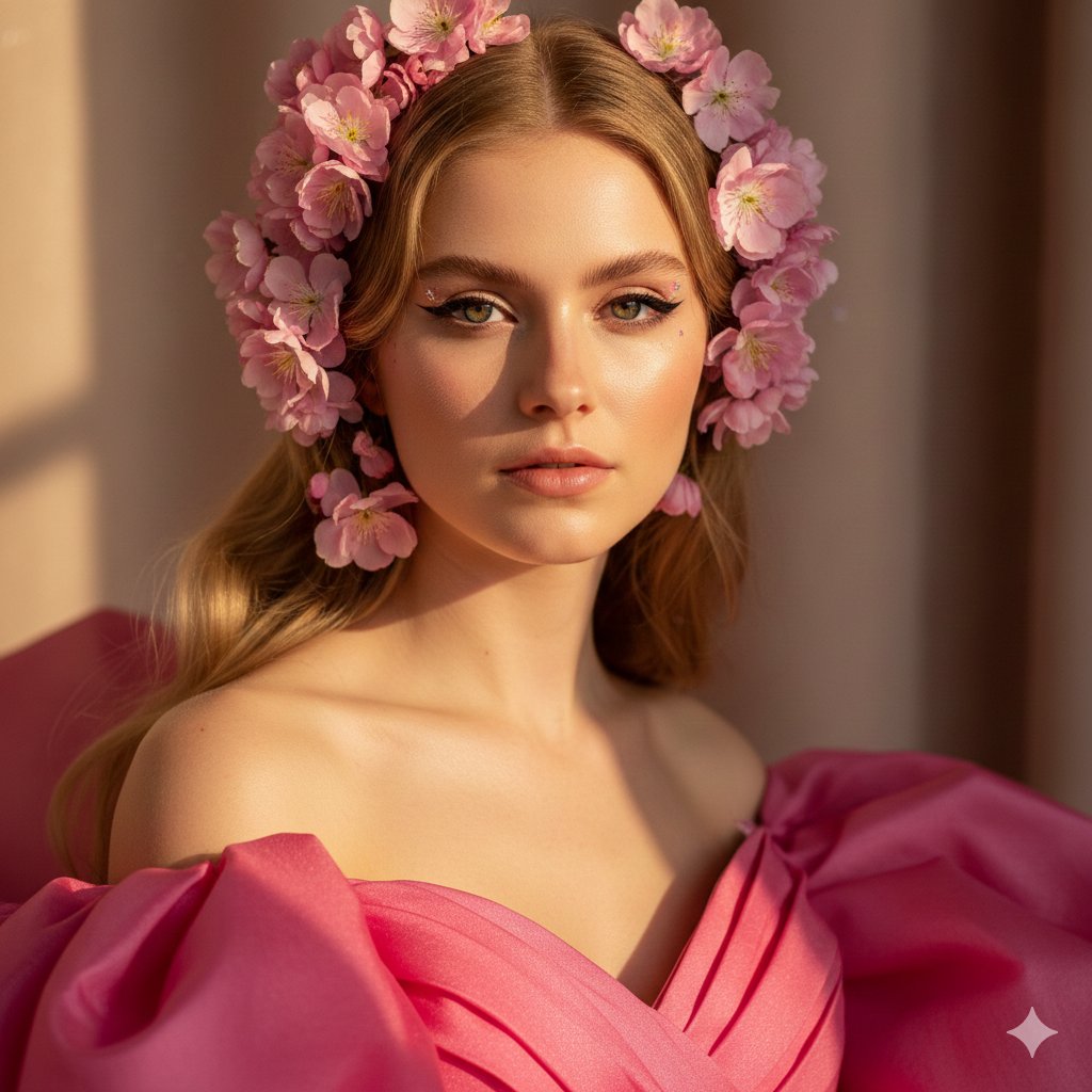 Cinematic Pink Blossom Couture Portrait — output 1