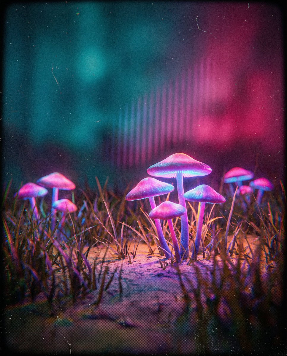 Bioluminescent Mushroom Cluster in Retro Sci-Fi Style — output 1