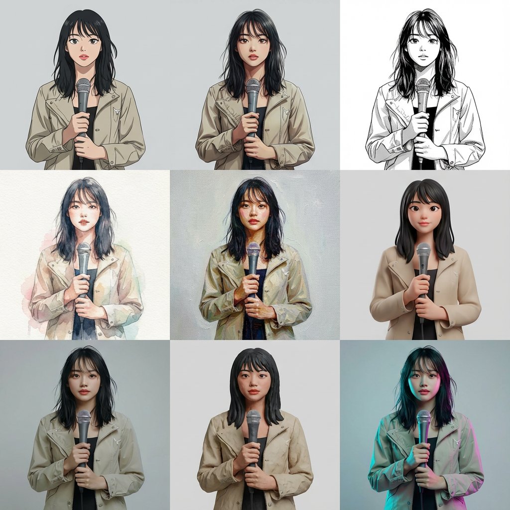 Multi-cut image generation comparing 9 different artistic styles — output 1