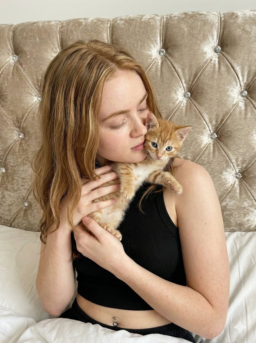 Tender Portrait of Woman Nuzzling a Kitten — output 1