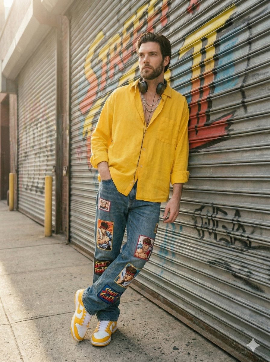 Sunlit Urban Streetwear Portrait with Retro Graffiti — output 1