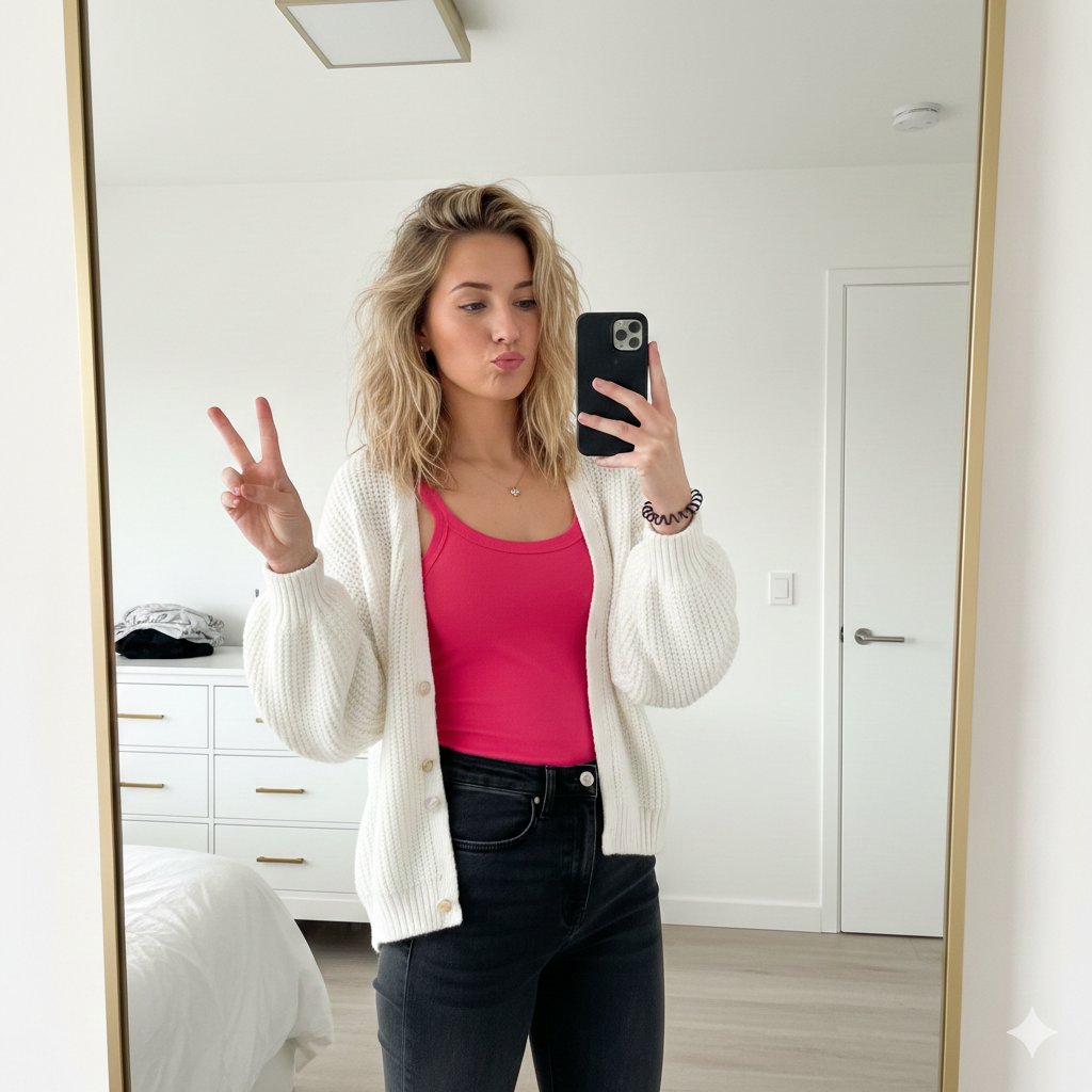 Detailed JSON prompt for a mirror selfie image generation — output 1
