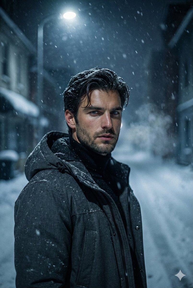 Winter Noir Cinematic Portrait of Man in Snowy Street — output 1