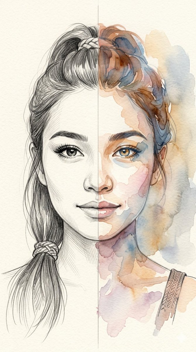 Profile / Avatar - Split-Medium Sketch and Watercolor Portrait — output 1