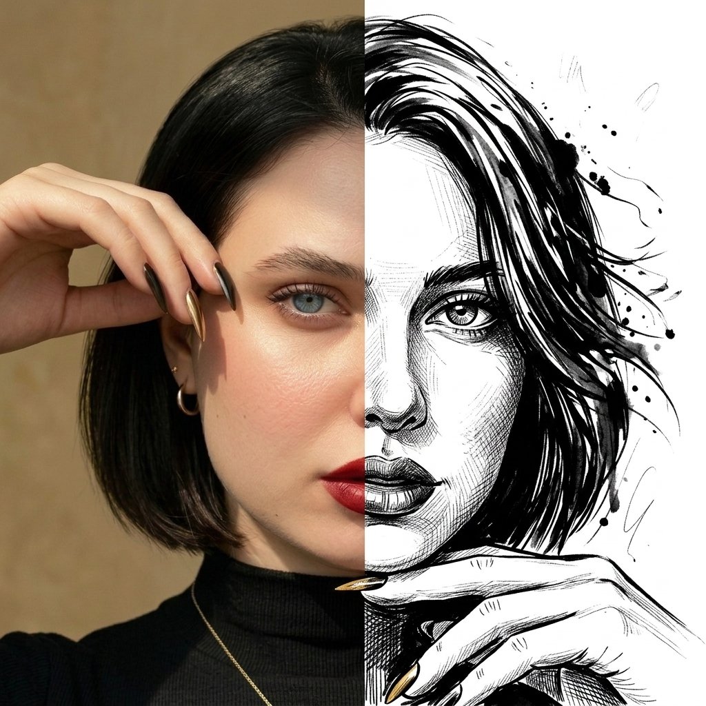Profile / Avatar - Split Face Photo and Ink Illustration — output 1