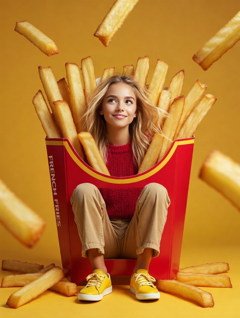 Surreal Commercial Photography of Woman in Giant French Fry Carton — output 1