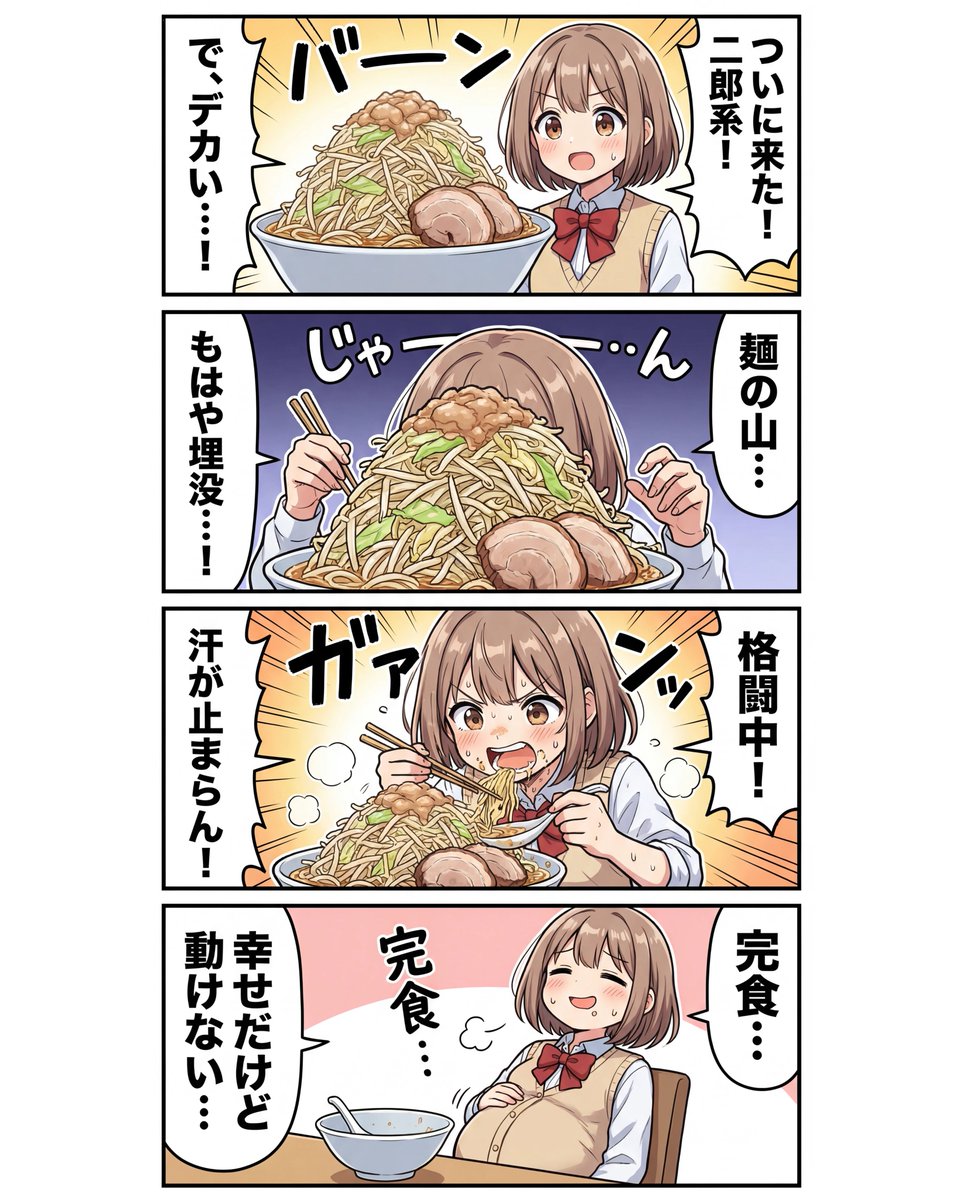 Four-panel gag manga of Nanami eating ramen — output 1