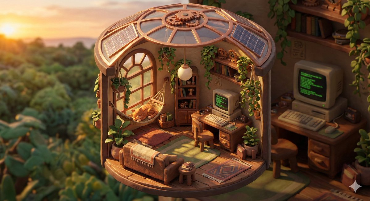 Game Asset - Isometric Solarpunk Cozy Room Diorama Prompt — output 1