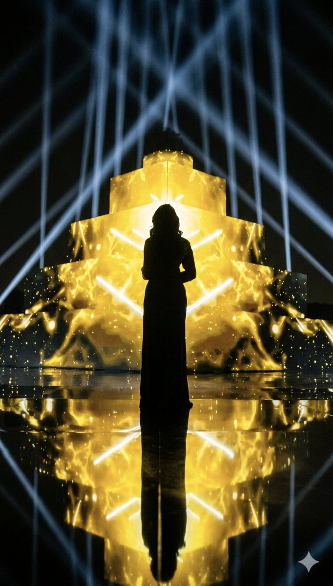 Dramatic Silhouette on Golden Pyramid Stage — output 1