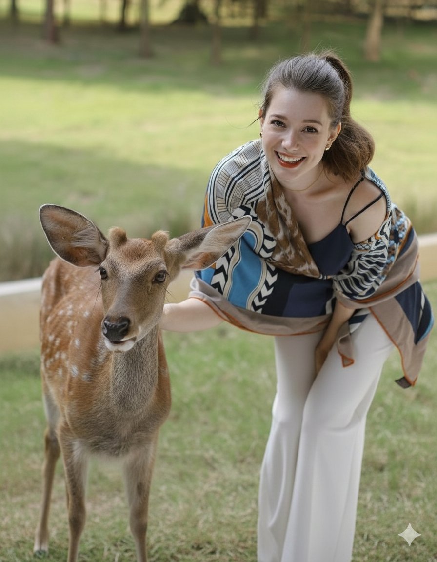 Photorealistic portrait of a woman feeding a fallow deer — output 1