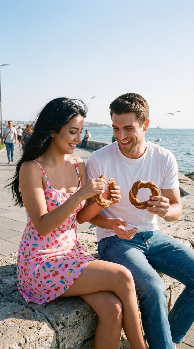 Photoreal Candid Street Romance Film Still Prompt (Moda Seaside) — output 1