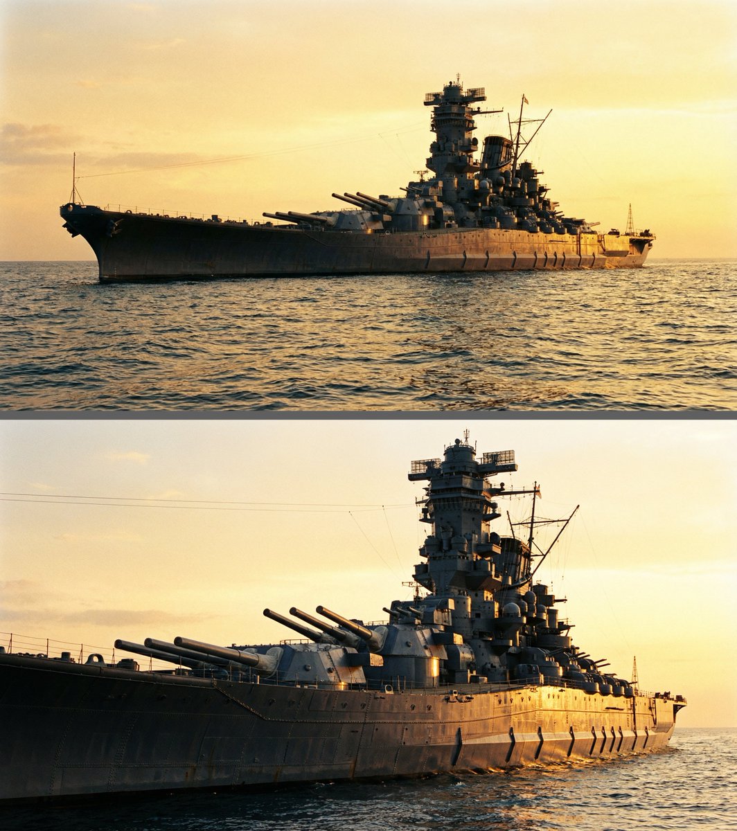 Colossal battleship at dawn illustration prompt — output 1