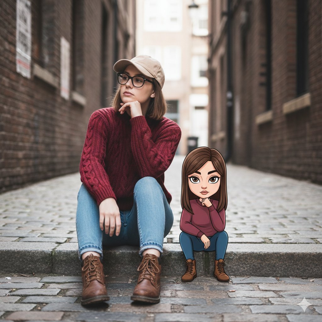 Cinematic Street Portrait with Whimsical Illustrated Avatar — output 1