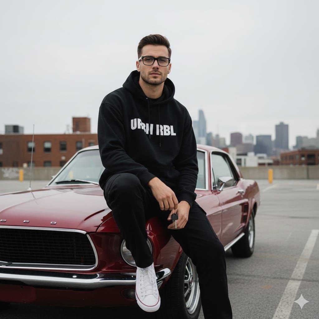 Urban Lifestyle Portrait on Vintage Muscle Car Prompt — output 1