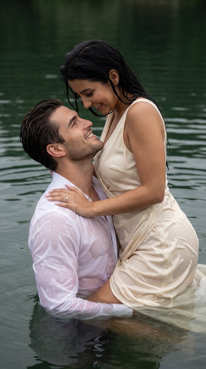 Product Marketing - Cinematic Couple Embrace in Lake Prompt (Wet Fabric Physics) — output 1