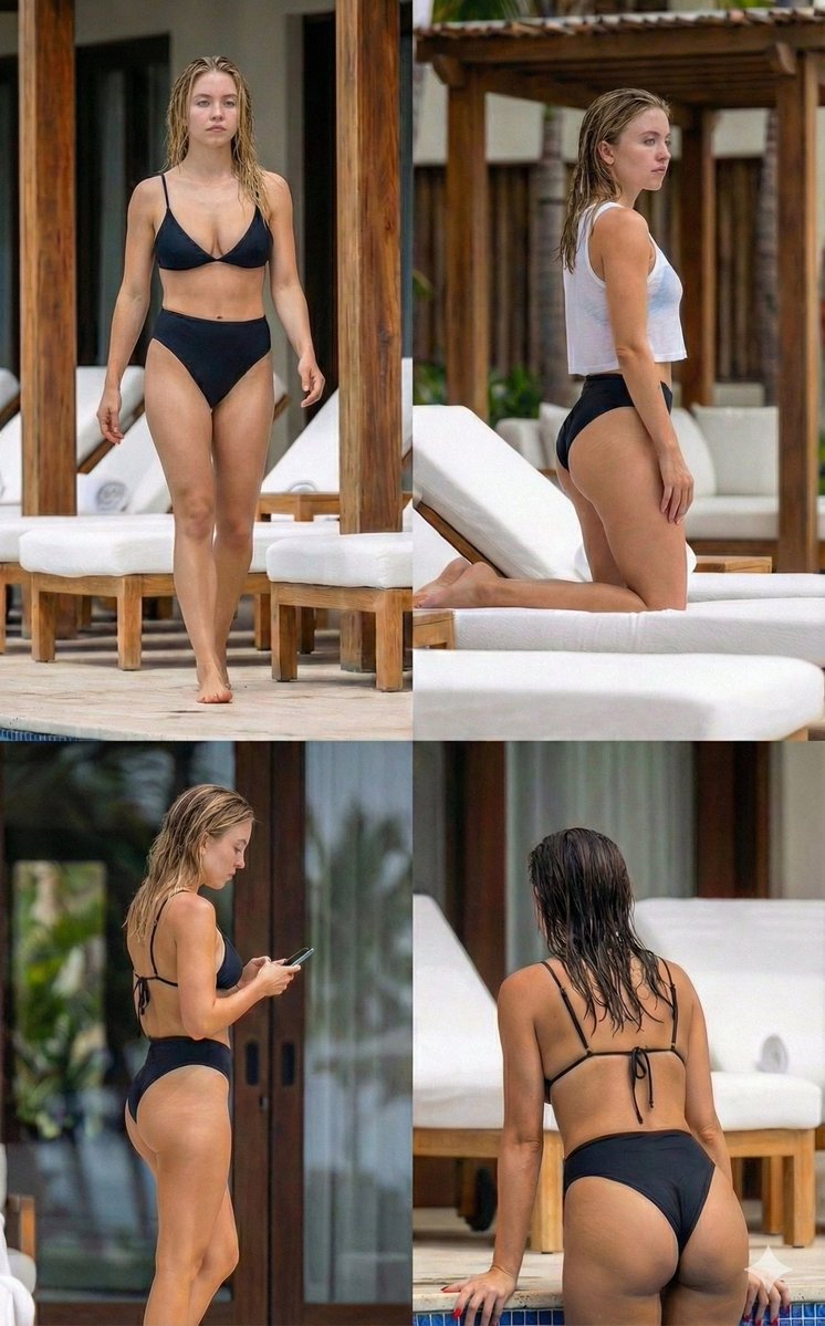 Sydney Sweeney Poolside 2x2 Grid Collage Prompt — output 1