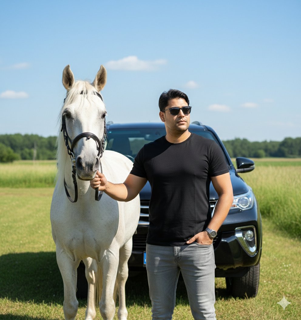 Image Generation Prompt for Man with Horse and Car — output 1