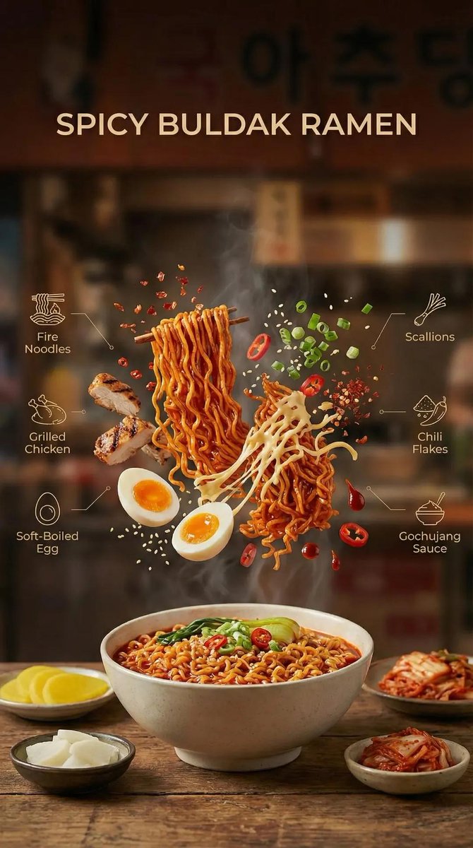 Product Marketing - Cinematic Commercial Shot of Deconstructed Buldak Ramen — output 1