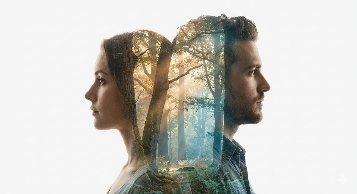 Cinematic Double-Exposure Portrait of Contrast and Connection — output 1