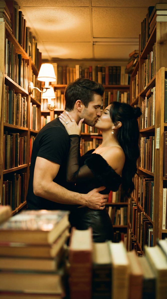 Social Media Post - Cinematic Photoreal Bookstore Kiss with Motion Blur — output 1