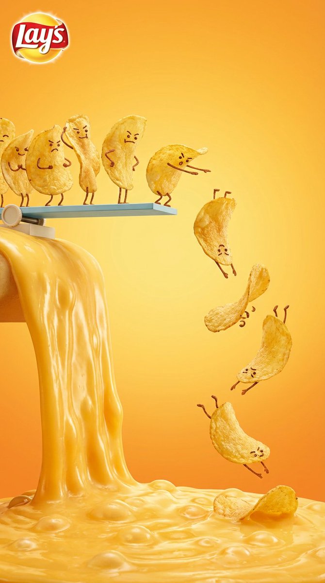 Anthropomorphic Potato Chips Diving into Cheese Sauce — output 1