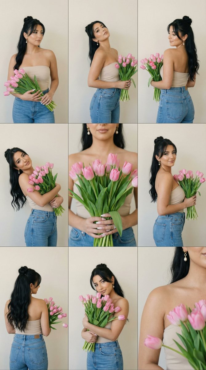 Social Media Post - Editorial Contact Sheet Prompt: Woman with Pink Tulips — output 1
