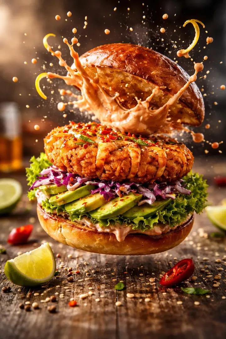 Cinematic Mid-Air Shrimp Burger Photo Prompt — output 1
