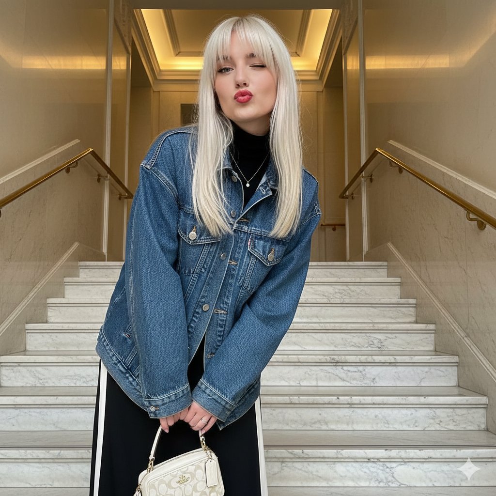 Playful Duck-Face Selfie on Marble Stairs — output 1