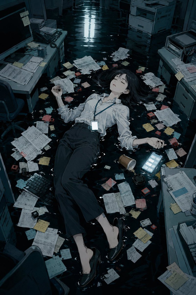 Comic / Storyboard - Flooded Office Burnout Anime Scene — output 1