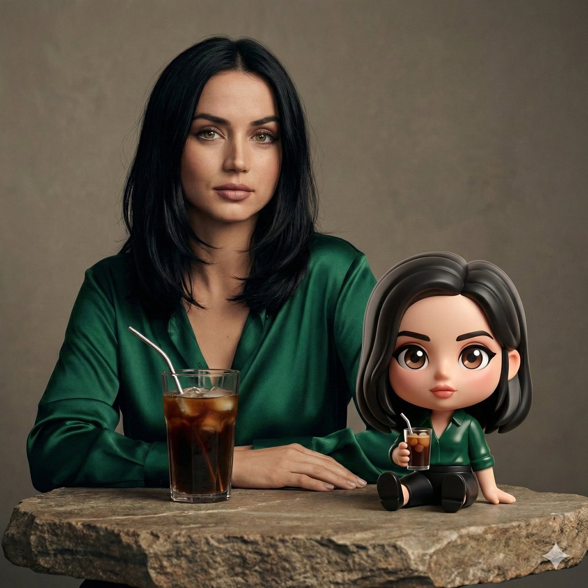 Cinematic Studio Portrait of Ana de Armas with Chibi Figure — output 1
