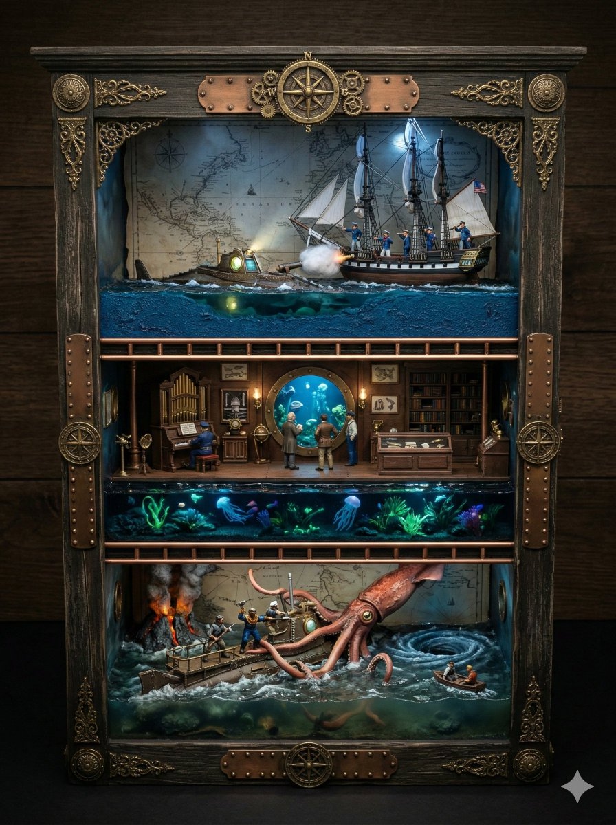 Infographic / Edu Visual - Ornate Box Diorama Prompt for Twenty Thousand Leagues Under the Sea — output 1