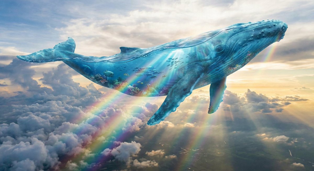 Surreal translucent blue whale in the clouds — output 1