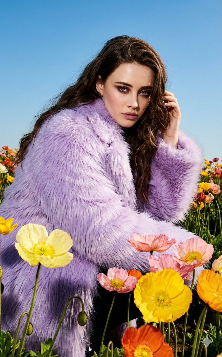 Harsh Flash Fashion Portrait in Flower Field Prompt — output 1