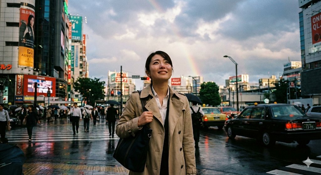 Emotional Snapshot of a Woman in Rainy Tokyo — output 1