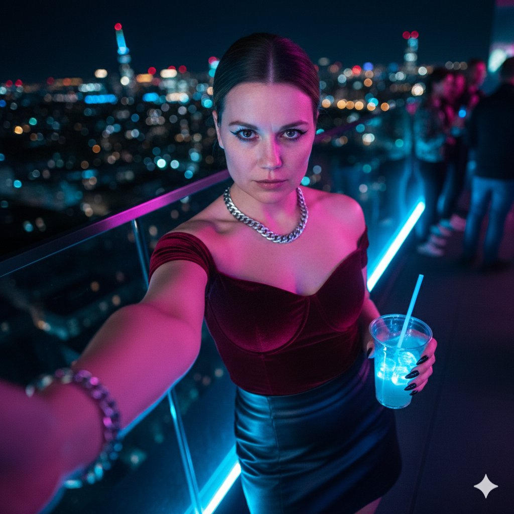 Cyberpunk Rooftop Selfie with Cold Stare — output 1