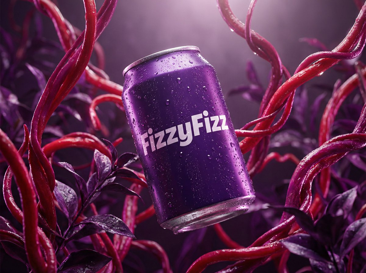 E-commerce Main Image - Surreal Product Shot Prompt: Purple Beverage Can with Organic Tendrils — output 1