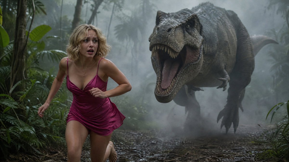 Comic / Storyboard - Terrified Woman Pursued by T-Rex in Jungle — output 1