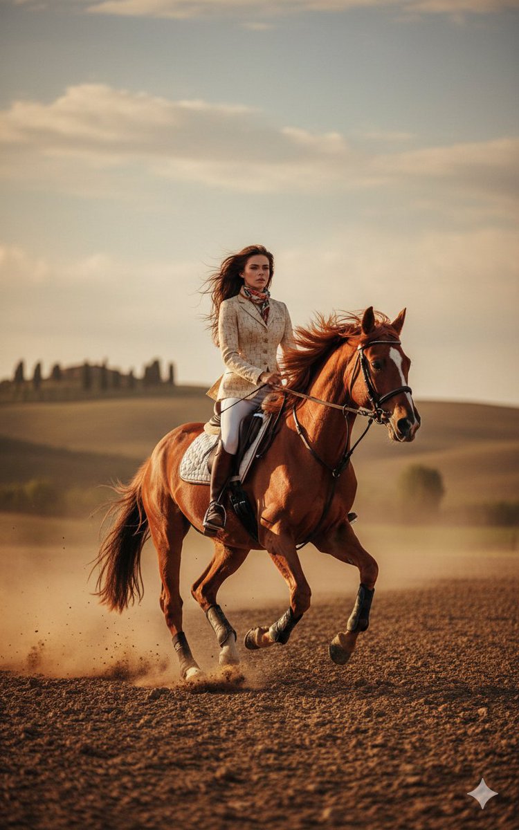 Dynamic Equestrian Model in Tuscan Fields at Golden Hour — output 1