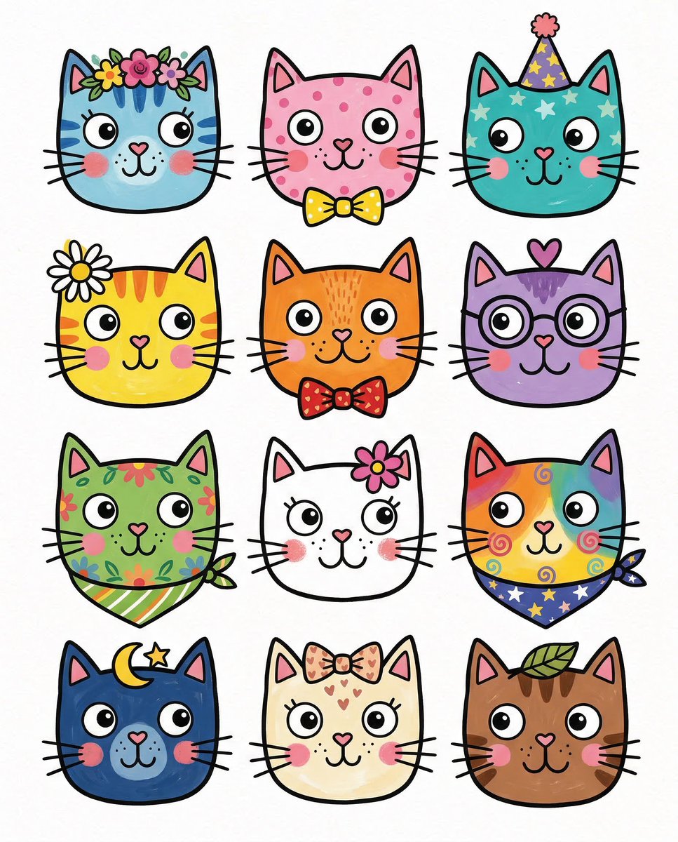 Game Asset - Stylized Grid of Whimsical Cat Faces — output 1