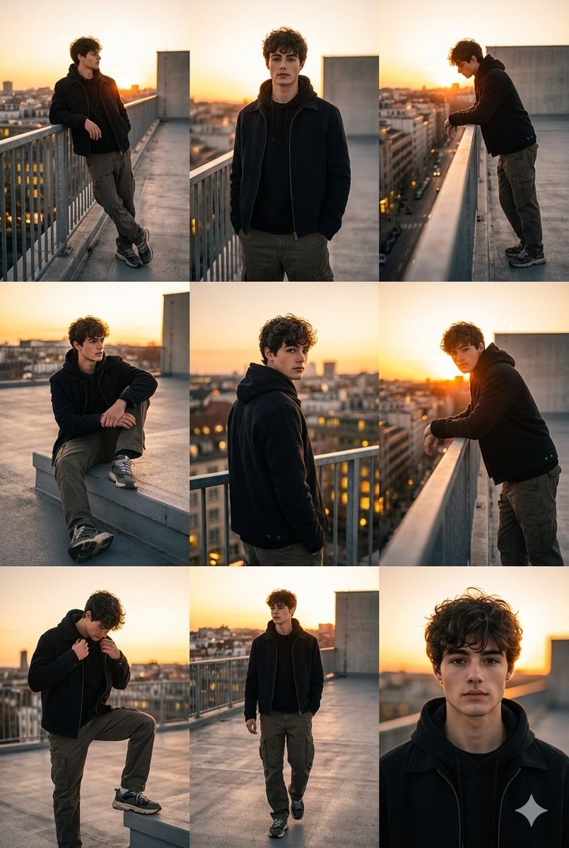 3x3 Cinematic Fashion Collage on a Rooftop at Sunset — output 1