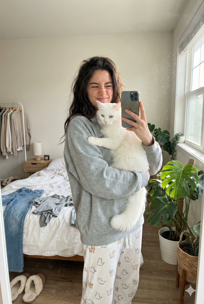 Candid Mirror Selfie with a Fluffy Cat — output 1
