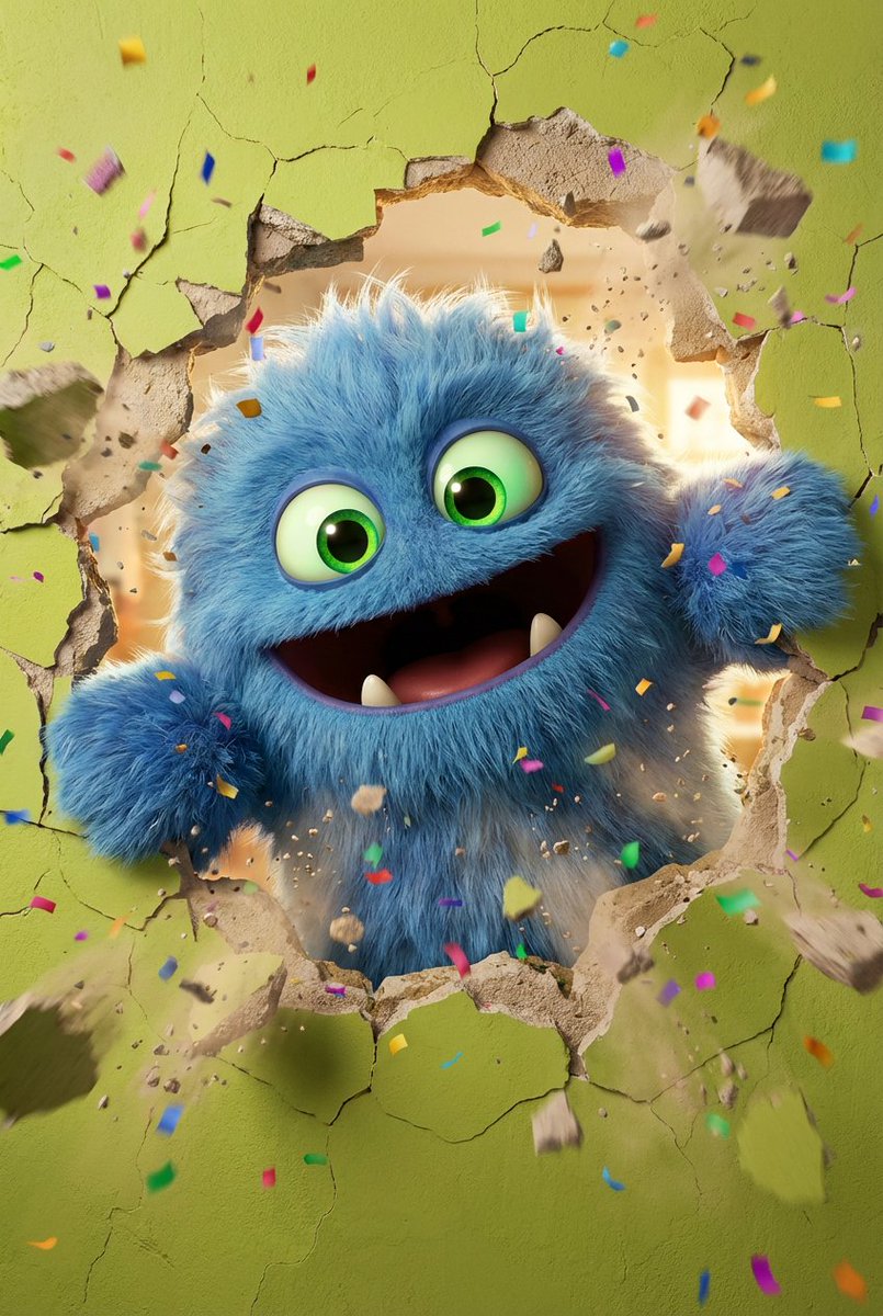 Game Asset - 3D Fluffy Monster Bursting Through Wall — output 1