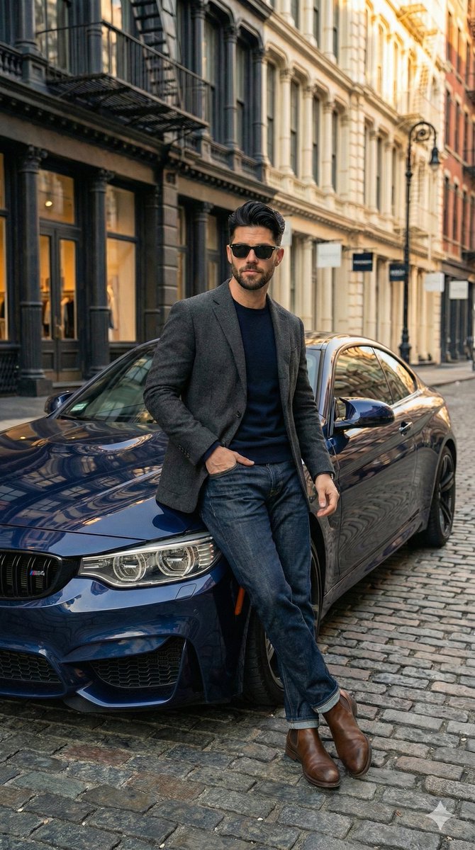 Hyper-Realistic Street View of Man Leaning on BMW — output 1