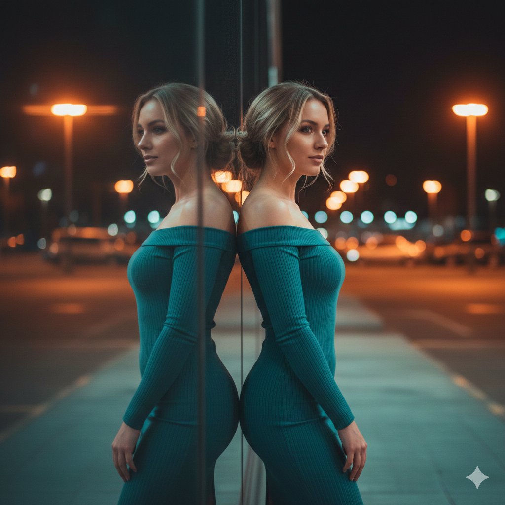 Neon-Lit Mirror Reflection Portrait Prompt — output 1