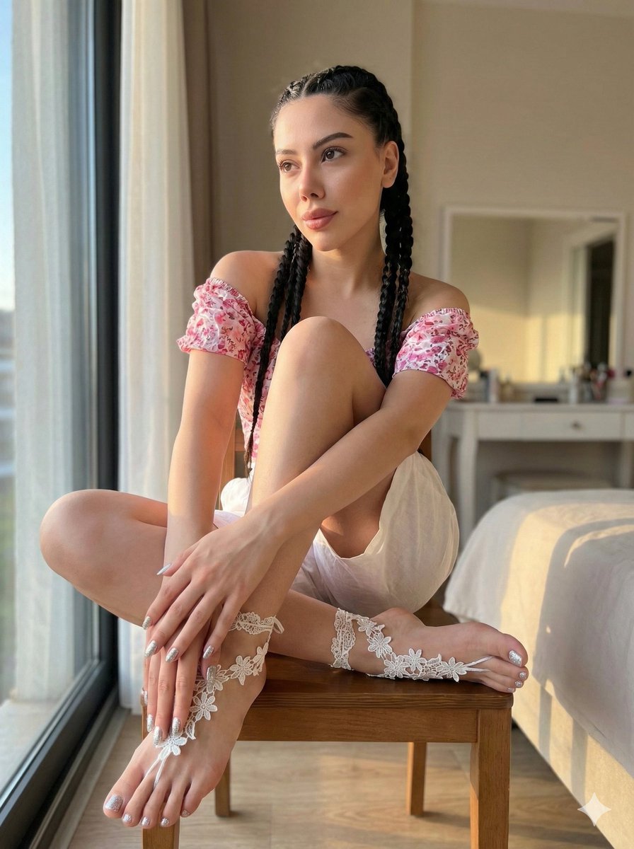 Social Media Post - Sunlit bedroom portrait with floral foot jewelry — output 1