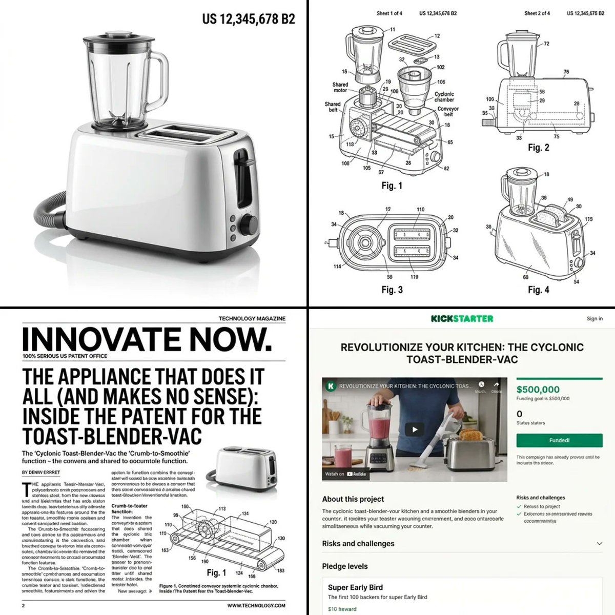 Infographic / Edu Visual - Multi-step prompt for generating absurd patent documents and product renders — output 1