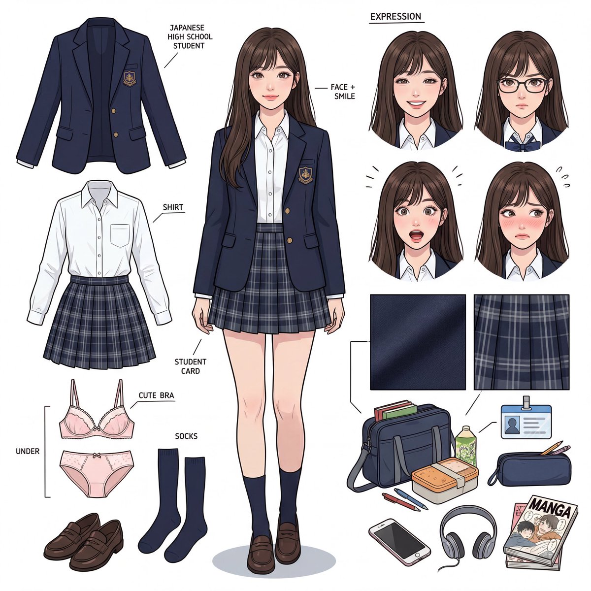 Game Asset - Panoramic Character Concept Sheet for 17-Year-Old Japanese JK — output 1